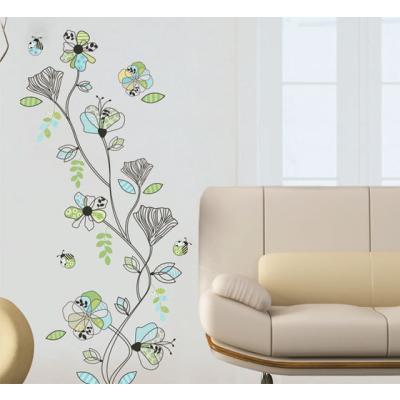 Sticker mural Motif Fleurs et coccinelle bleue et verte - 2 planches : 50 x 70 cm - 30 stickers